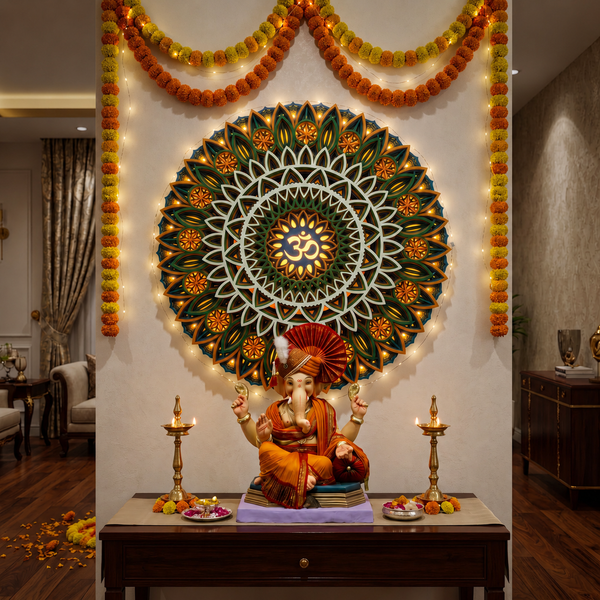 A decorative wall-mounted mandala and seated Ganesha statue arranged on a console table in a styled home interior. The mandala features layered green, gold, white, and orange floral motifs with an Om symbol at the center, and orange marigold garlands hang above.