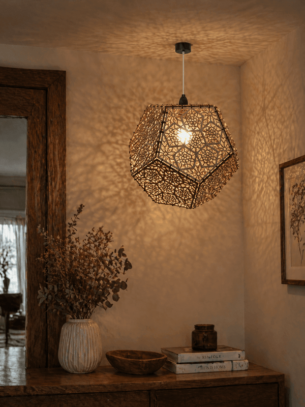 Hexagon Wooden Pendant Lamp with Intricate Geometric Cutwork