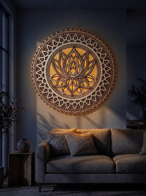 Illuminated Wooden Lotus Mandala Wall Frame (Warm LED Edition)