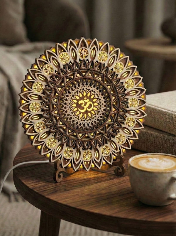 Mini OM Mandala with LED Lights – Handcrafted Wooden Wall Décor