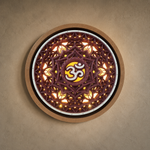 A circular wooden wall light featuring an intricate laser-cut mandala pattern with warm yellow and orange glowing lights, a central Om symbol, and a natural wood frame mounted on a textured beige wall. image 7