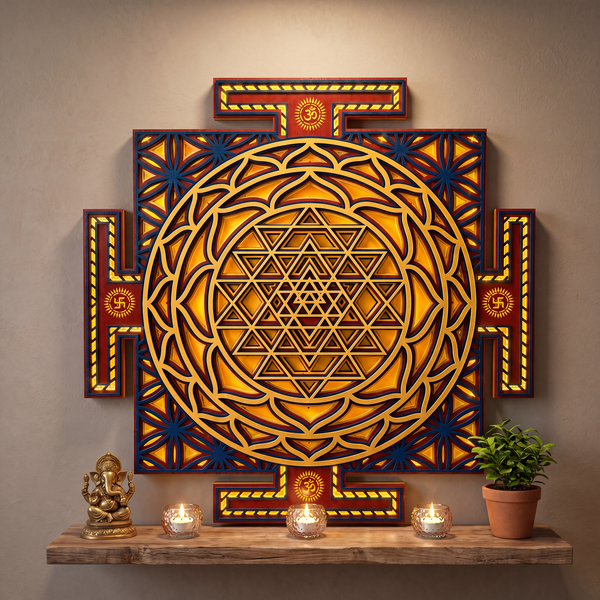 Shree Yantra LED Wall Decor Wooden Mandala Wall Art for Home & Office | Vastu Spiritual Wall Hanging with Lights
