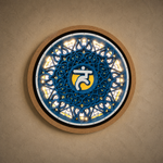 A circular decorative wall art piece mounted on a textured beige wall. The design features a blue mandala-style cutout over a yellow center with a white symbol, surrounded by a white ring, black accent, and a natural wood outer frame. image 9