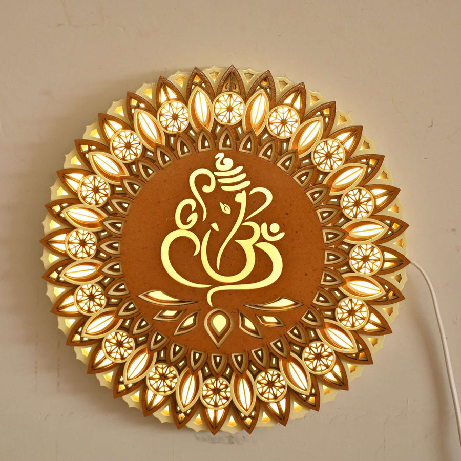Multi-Layered Ganapati Wooden Mandala Frame with LED Lighting