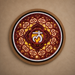 A circular decorative wall light featuring an intricate mandala pattern in dark red and gold, with a white Om symbol in the center, mounted on a textured beige wall. image 13