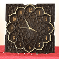 Elegant Square Black Wooden Mandala Wall Clock with Golden Accents