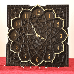 Elegant Square Black Wooden Mandala Wall Clock with Golden Accents