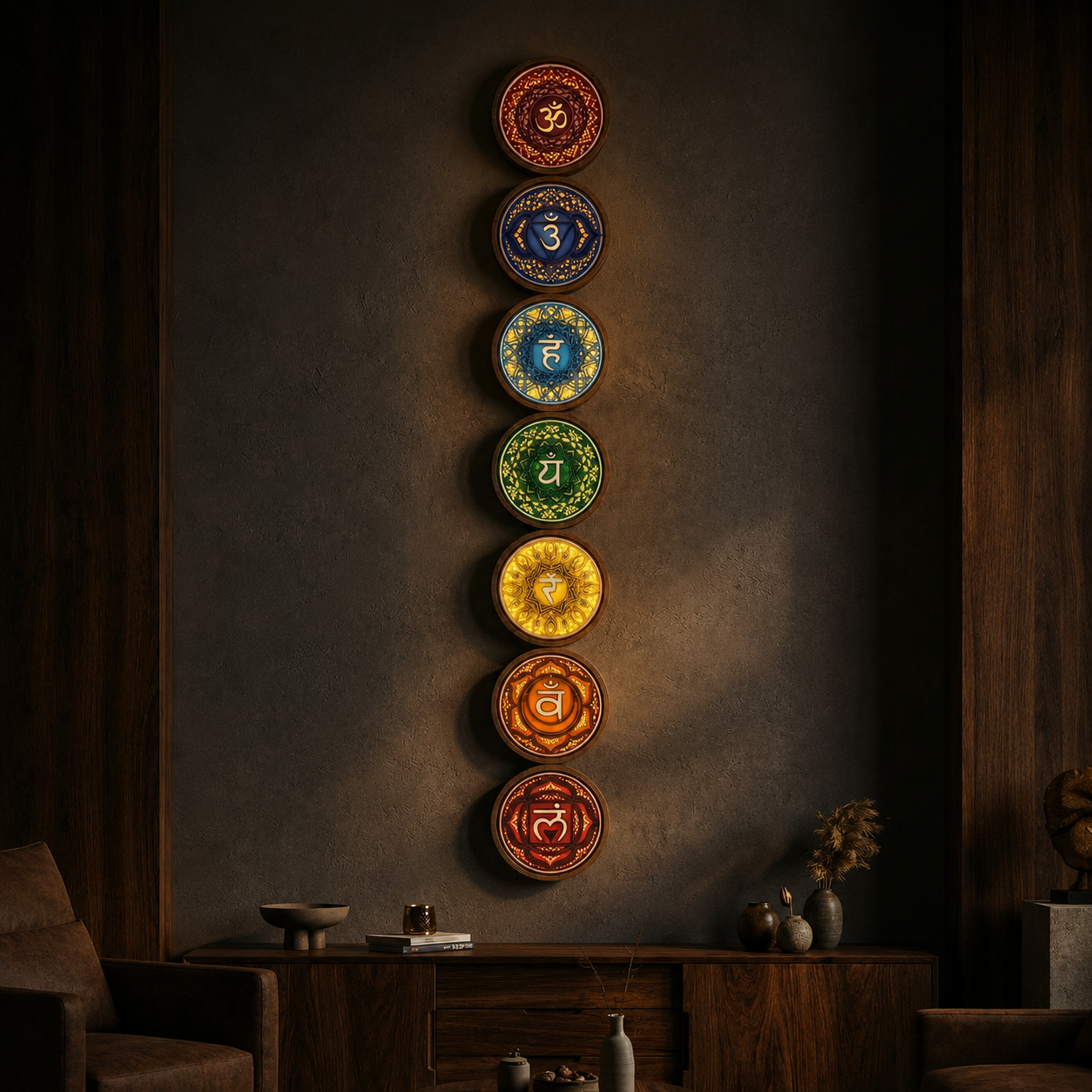 7 Chakra Multi Layered Wooden Mandala Wall Art with LED Lights | Spiritual Chakra Frame Set | 56 Inch Vertical Wall Decor at night with LED lights on