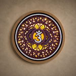 A circular wall art piece featuring a purple mandala design with a white Om symbol at the center, set against a yellow background and mounted on a textured beige wall. image 8