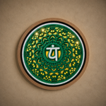 A circular wall-mounted decorative light fixture with a green mandala pattern, yellow illuminated cutouts, a white central symbol, and a brown outer frame, shown against a textured beige wall. image 10