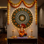 A decorative wall-mounted mandala with an Om symbol at the center, displayed above a seated Ganesha statue on a table with lit candles in a styled interior room. image 4