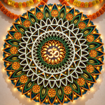 A circular mandala wall hanging or decorative print with an Om symbol in the center, featuring layered geometric floral patterns in white, green, teal, and orange-gold, illuminated by warm string lights. Orange marigold garlands are visible along the top edge. image 2