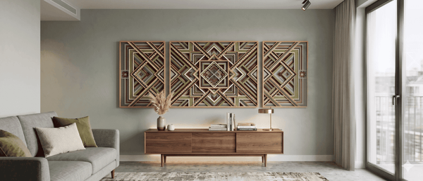 Astra Weave Triptych – 9 Layer Multi Piece Wooden Mandala Wall Art for Luxury Interiors