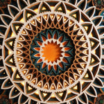 A highly detailed, symmetrical circular mandala pattern with geometric and floral elements, featuring a glowing orange center surrounded by concentric rings of teal, gold, brown, and cream. image 9