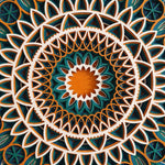 A symmetrical mandala pattern with concentric circular and petal-like geometric motifs in orange, teal, cream, and dark navy, filling the entire frame. image 4