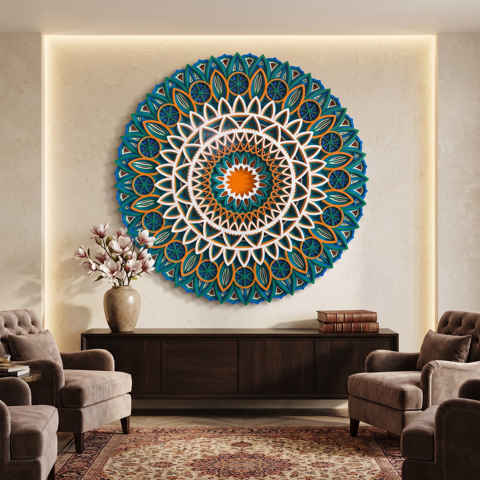 Bloom Mandala | Multilayer 3D Wooden Wall Art in Peacock Blue & Marigold in daylight with LED lights off