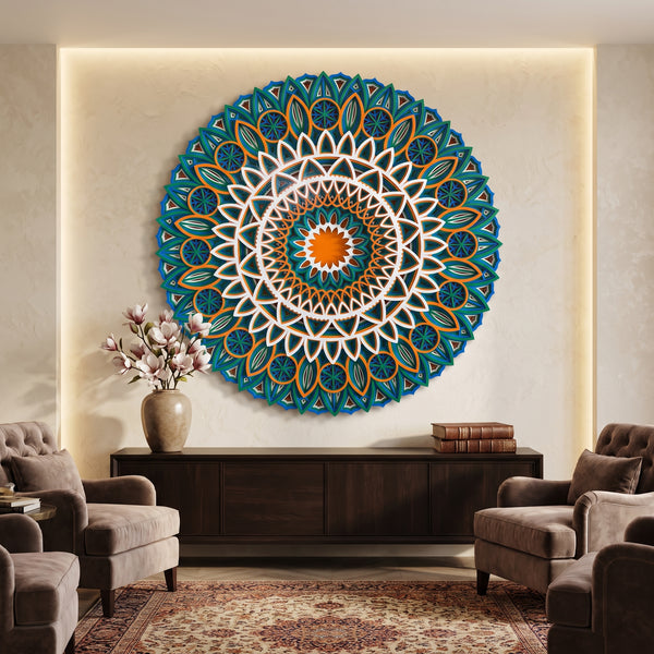 A large circular mandala wall art piece in teal, blue, white, and orange hangs on a beige wall above a dark wood console in a styled living room with armchairs and a rug.