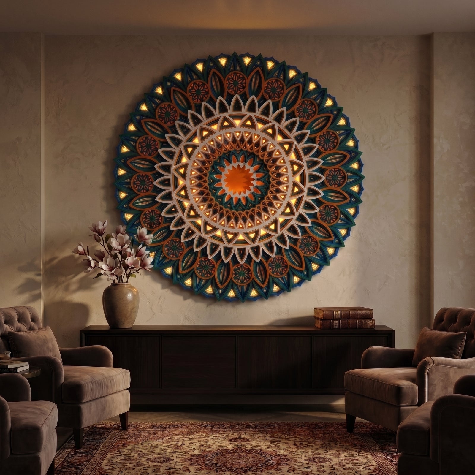 Bloom Mandala | Multilayer 3D Wooden Wall Art in Peacock Blue & Marigold at night with LED lights on