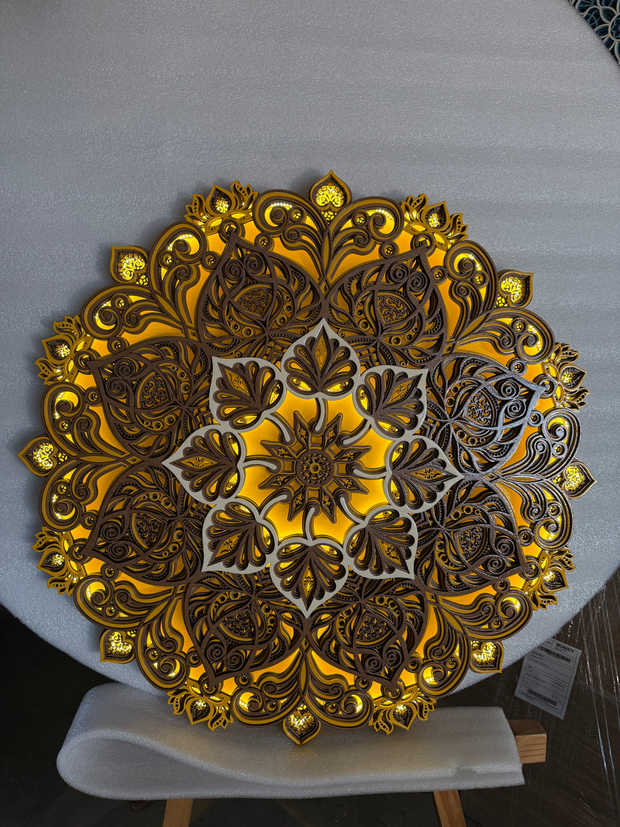 Actual photo of 3D Multi-Layered Wooden Bodhi Tree Mandala Wall Art with LED Backlight | Premium 10-Layer Laser Cut Spiritual Relief Frame