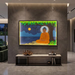 A framed wall art piece depicting a seated Buddha under a tree at night, displayed in a modern interior setting above a low console table. image 4