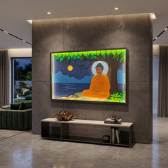 A framed wall art print depicting a meditating Buddha under a tree, displayed on a dark textured wall above a console table in a modern living room setting.