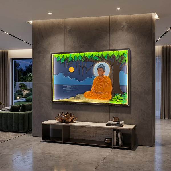 A framed wall art print depicting a meditating Buddha under a tree, displayed on a dark textured wall above a console table in a modern living room setting.