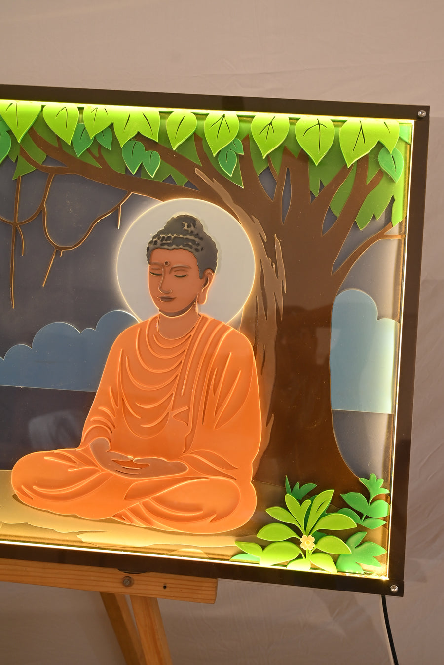 Actual photo of Buddha Moonlight Lake – 3D Layered Wood Wall Art with LED Backlight