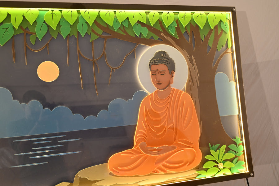 Actual photo of Buddha Moonlight Lake – 3D Layered Wood Wall Art with LED Backlight