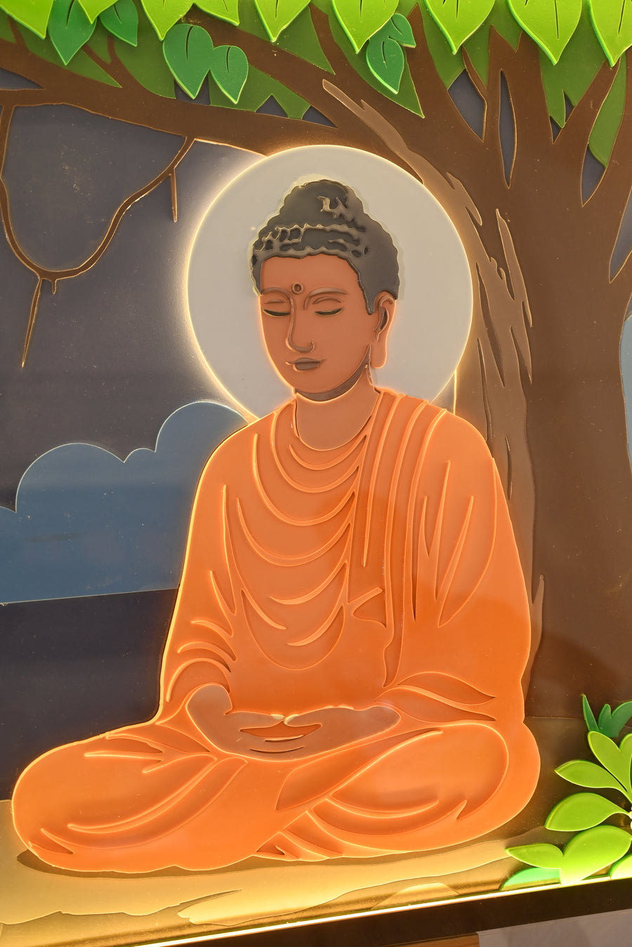 Actual photo of Buddha Moonlight Lake – 3D Layered Wood Wall Art with LED Backlight