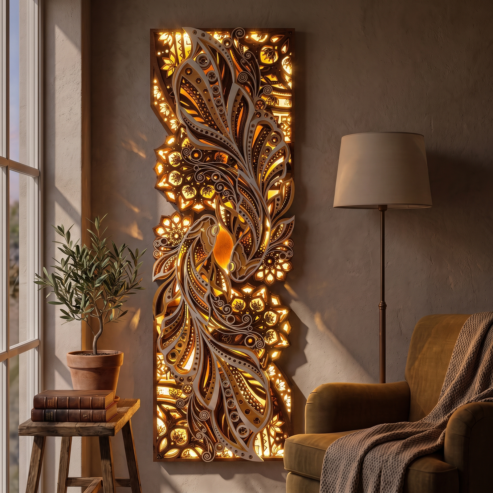 Dual Fish 3D Multi-Layered Wooden Mandala Wall Art Frame with Remote-Controlled LED Backlight at night with LED lights on