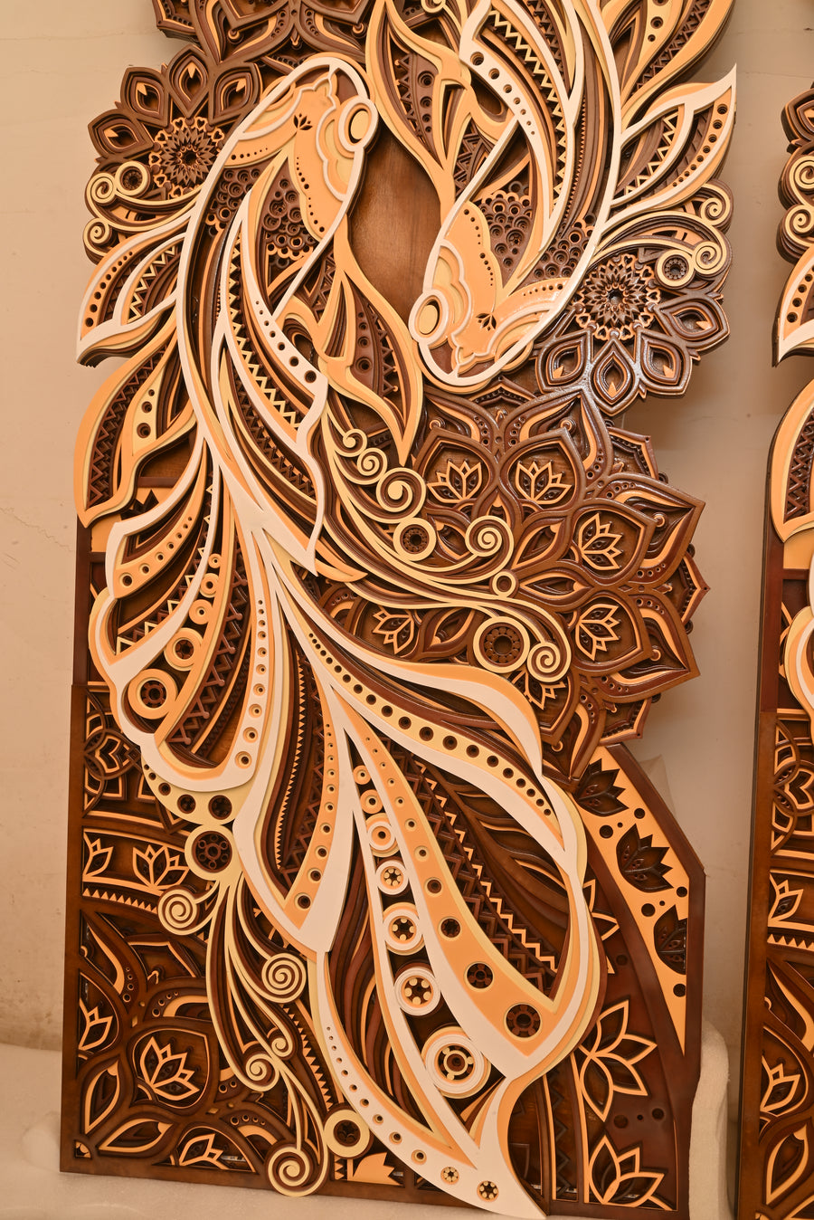 Actual photo of Dual Fish 3D Multi-Layered Wooden Mandala Wall Art Frame with Remote-Controlled LED Backlight