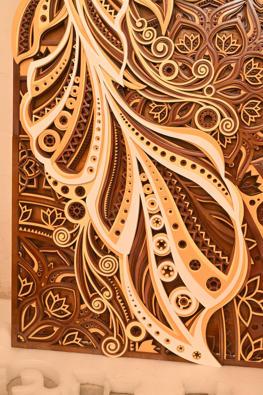 Actual photo of Dual Fish 3D Multi-Layered Wooden Mandala Wall Art Frame with Remote-Controlled LED Backlight