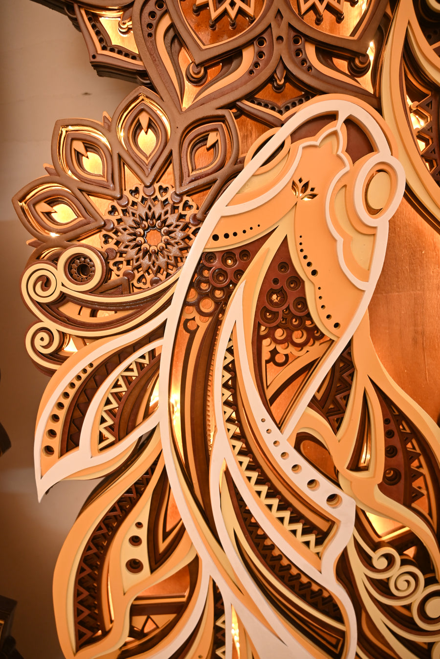 Actual photo of Dual Fish 3D Multi-Layered Wooden Mandala Wall Art Frame with Remote-Controlled LED Backlight