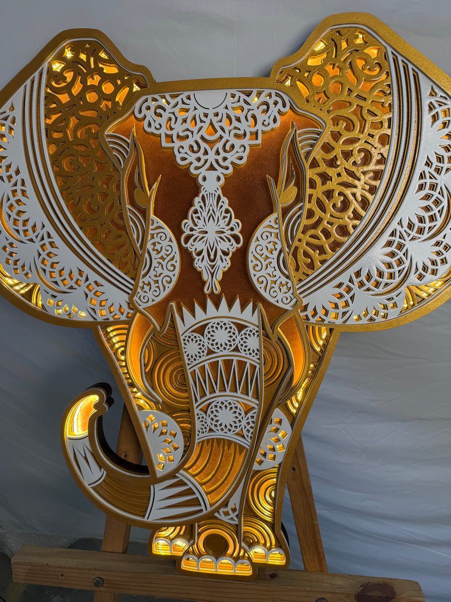 Actual photo of 3D Layered Wooden Elephant Mandala Wall Art with LED Lights