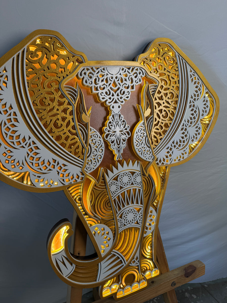 Actual photo of 3D Layered Wooden Elephant Mandala Wall Art with LED Lights