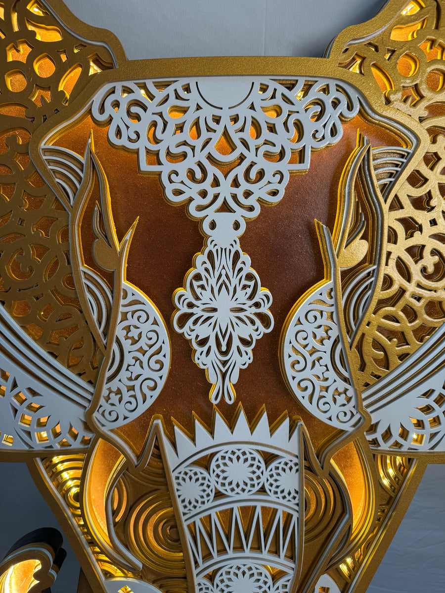 Actual photo of 3D Layered Wooden Elephant Mandala Wall Art with LED Lights