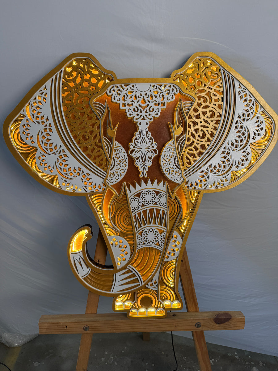 Actual photo of 3D Layered Wooden Elephant Mandala Wall Art with LED Lights