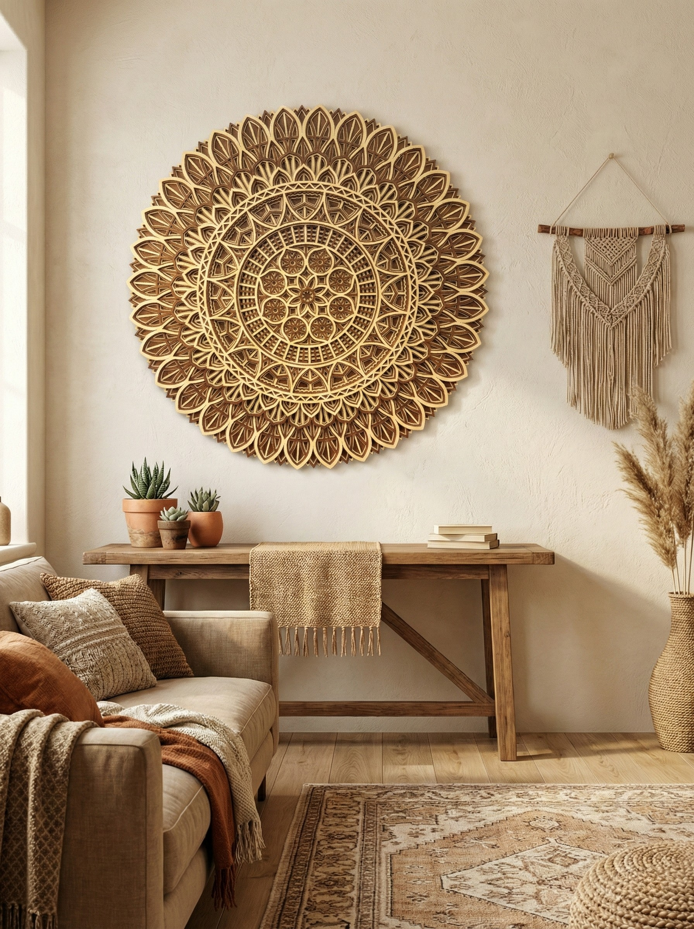 Flowered Multi Layered Wooden Mandala shown in a room