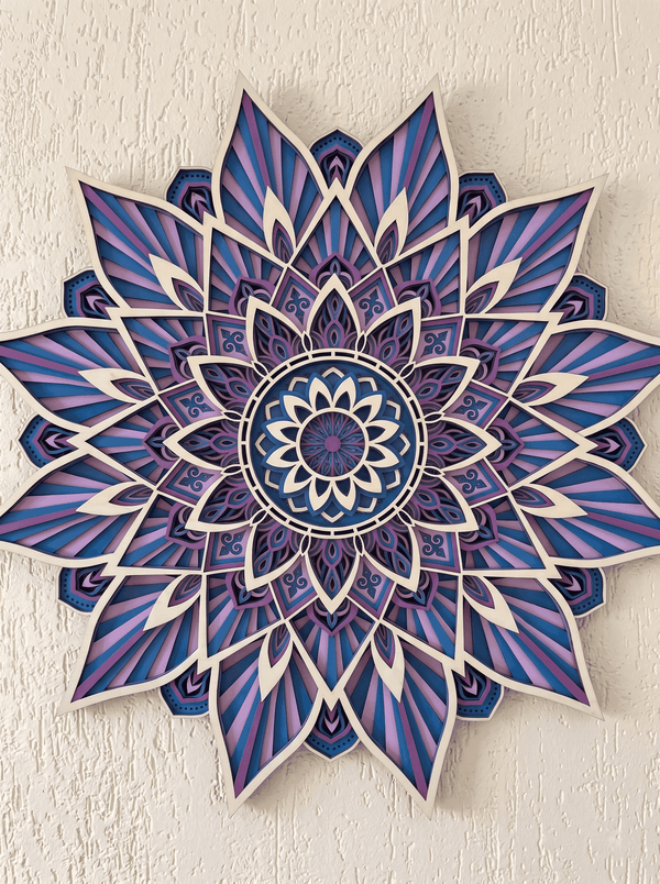 Handcrafted 9-Layer 3D Wooden Mandala Wall Art | Indigo & Amethyst Geometric Decor