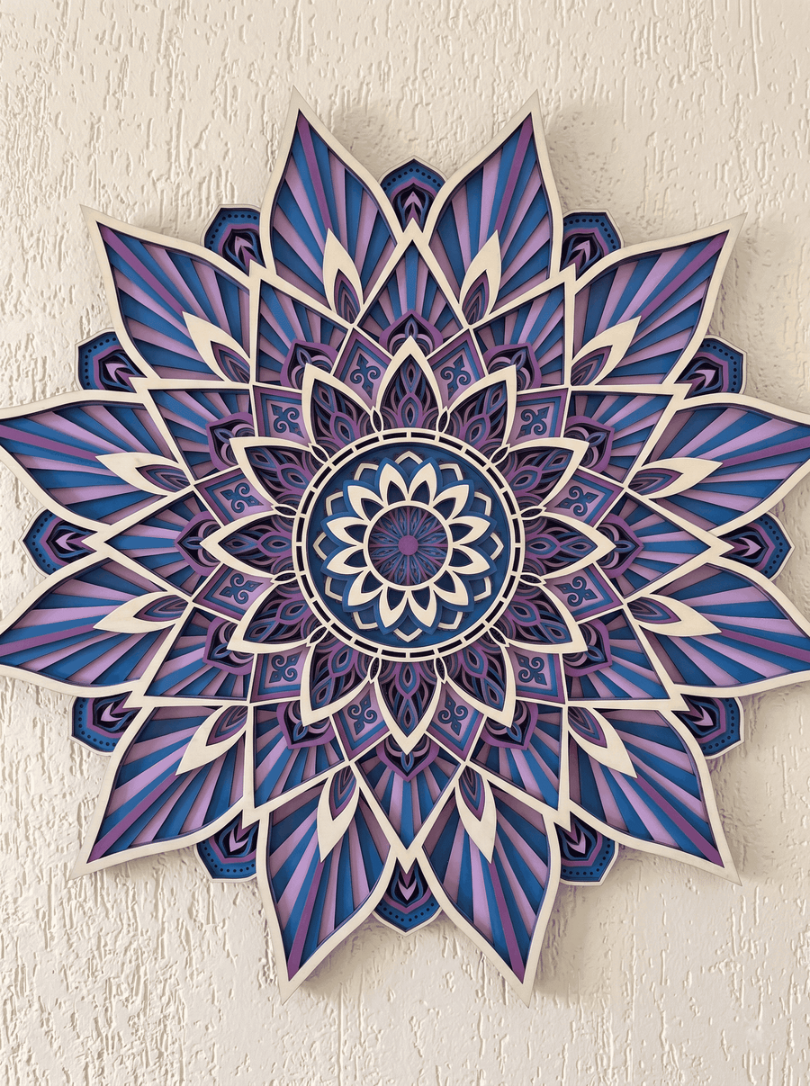 Handcrafted 9-Layer 3D Wooden Mandala Wall Art | Indigo & Amethyst Geometric Decor