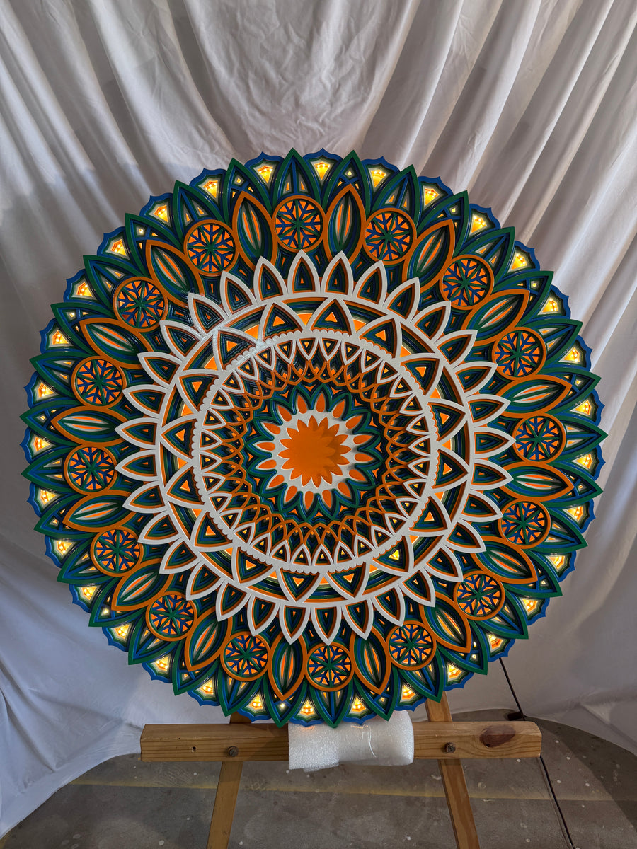 Actual photo of Bloom Mandala | Multilayer 3D Wooden Wall Art in Peacock Blue & Marigold