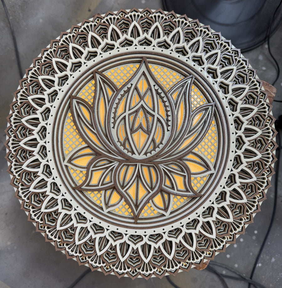 Actual photo of Illuminated Wooden Lotus Mandala Wall Frame (Warm LED Edition)
