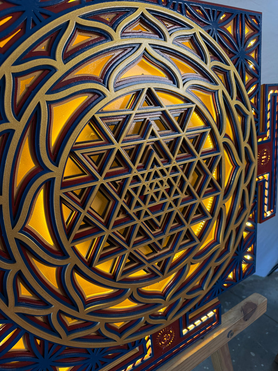Actual photo of Shree Yantra LED Wall Decor Wooden Mandala Wall Art for Home & Office | Vastu Spiritual Wall Hanging with Lights