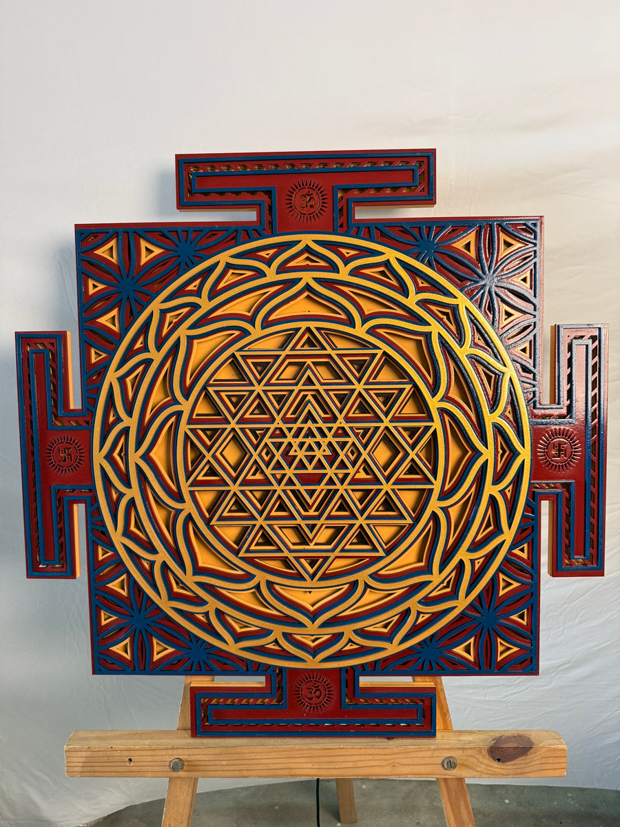 Actual photo of Shree Yantra LED Wall Decor Wooden Mandala Wall Art for Home & Office | Vastu Spiritual Wall Hanging with Lights