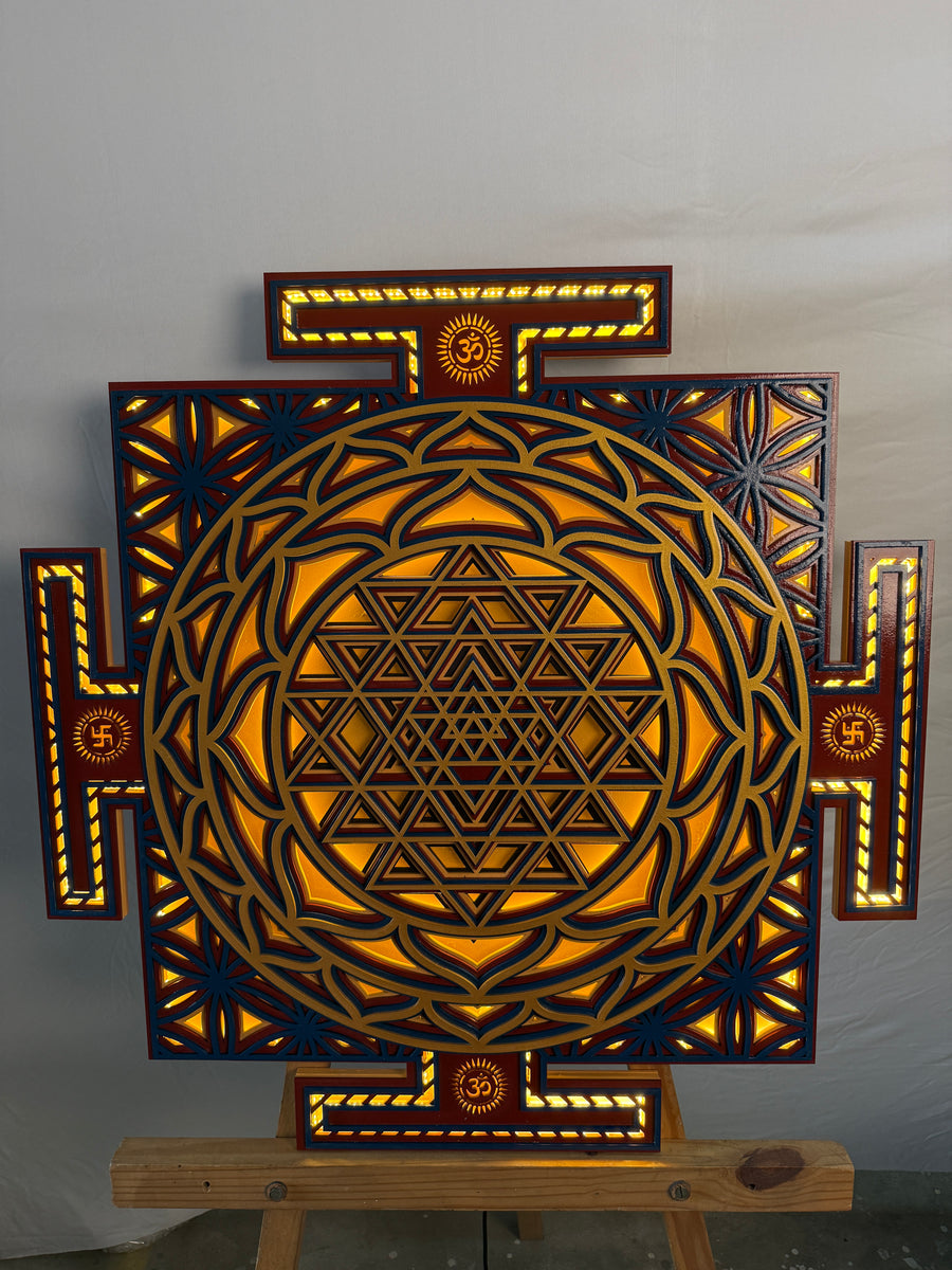Actual photo of Shree Yantra LED Wall Decor Wooden Mandala Wall Art for Home & Office | Vastu Spiritual Wall Hanging with Lights