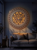 Illuminated Wooden Lotus Mandala Wall Frame (Warm LED Edition)