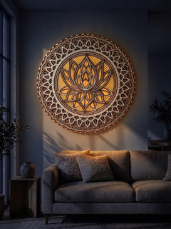 Illuminated Wooden Lotus Mandala Wall Frame (Warm LED Edition)