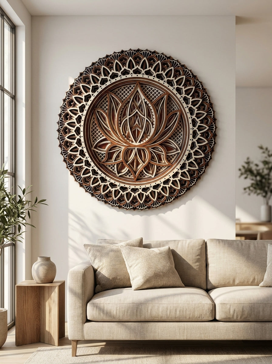 Illuminated Wooden Lotus Mandala Wall Frame (Warm LED Edition) in daylight with LED lights off