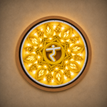 A circular LED wall light featuring a glowing yellow mandala design with a central white running figure symbol, mounted on a textured beige wall. image 11