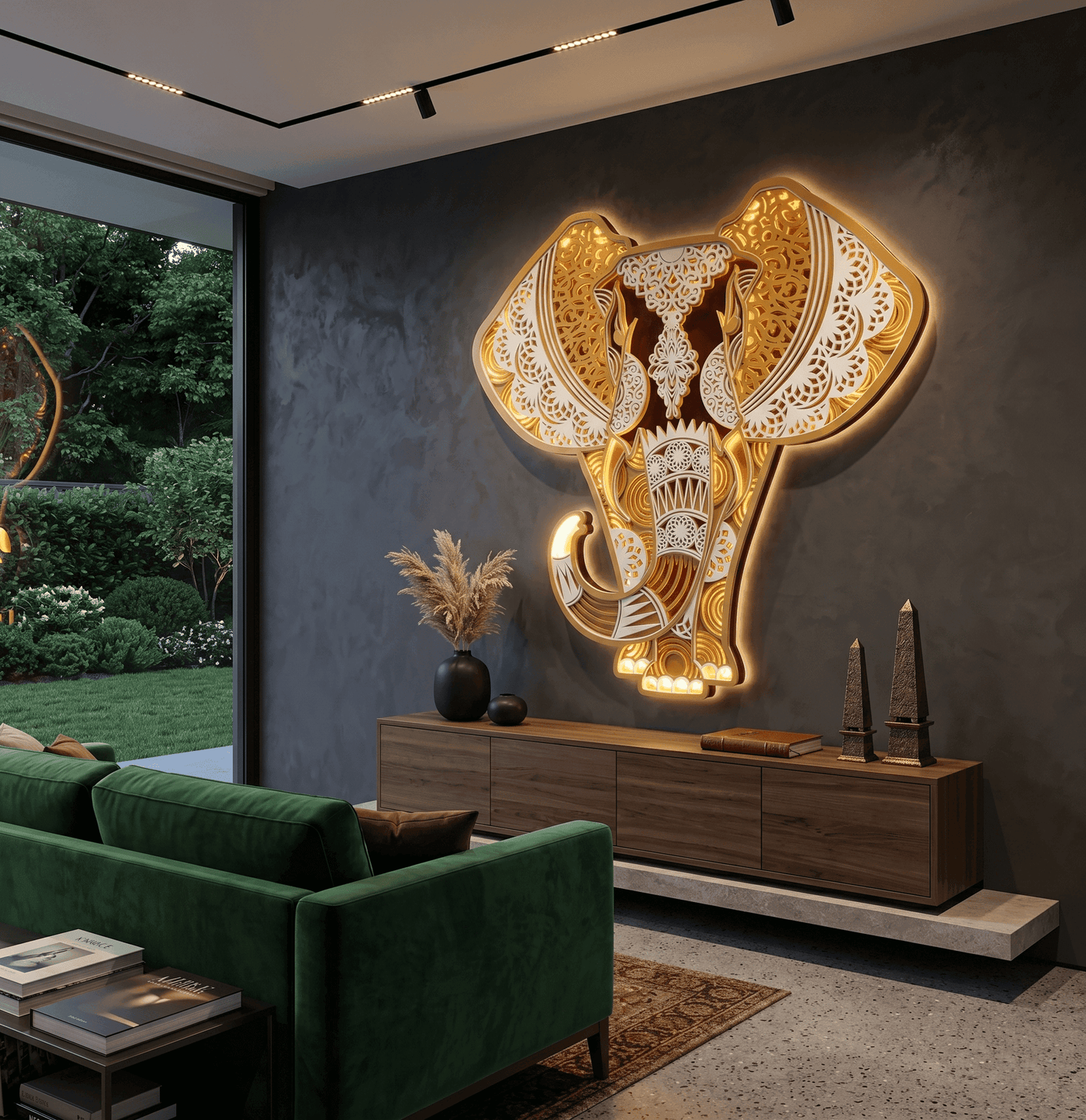 3D Layered Wooden Elephant Mandala Wall Art with LED Lights shown in a room